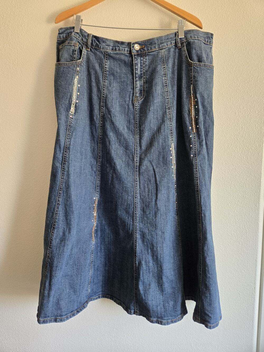 Quacker Factory 2X Denim Maxi Skirt Rhinestone Boho Western Ranch Country Y2K